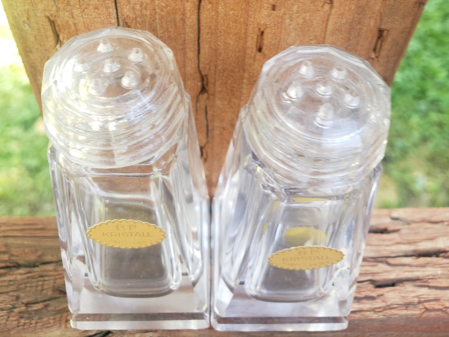 Set of 2 Vintage Salt Shakers Marked BP Kristall Handschiliff