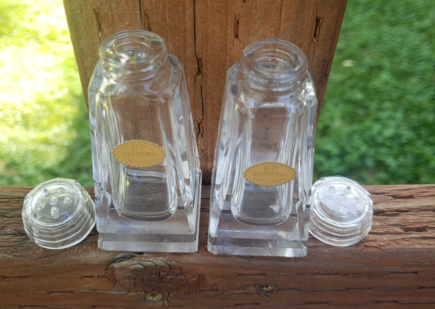 Set of 2 Vintage Salt Shakers Marked BP Kristall Handschiliff