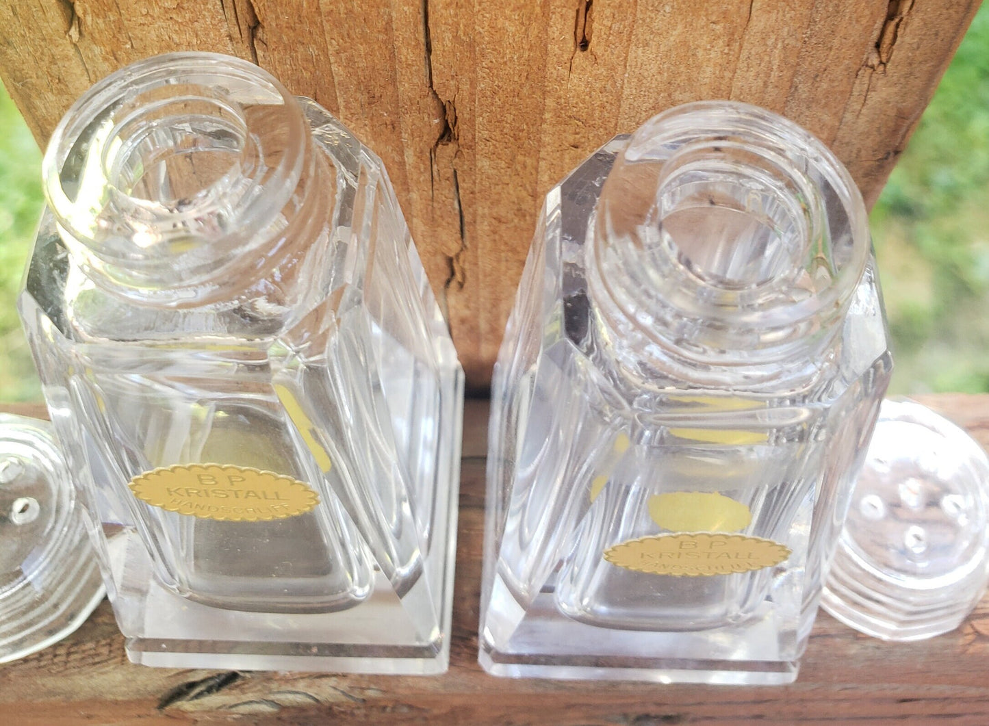 Set of 2 Vintage Salt Shakers Marked BP Kristall Handschiliff