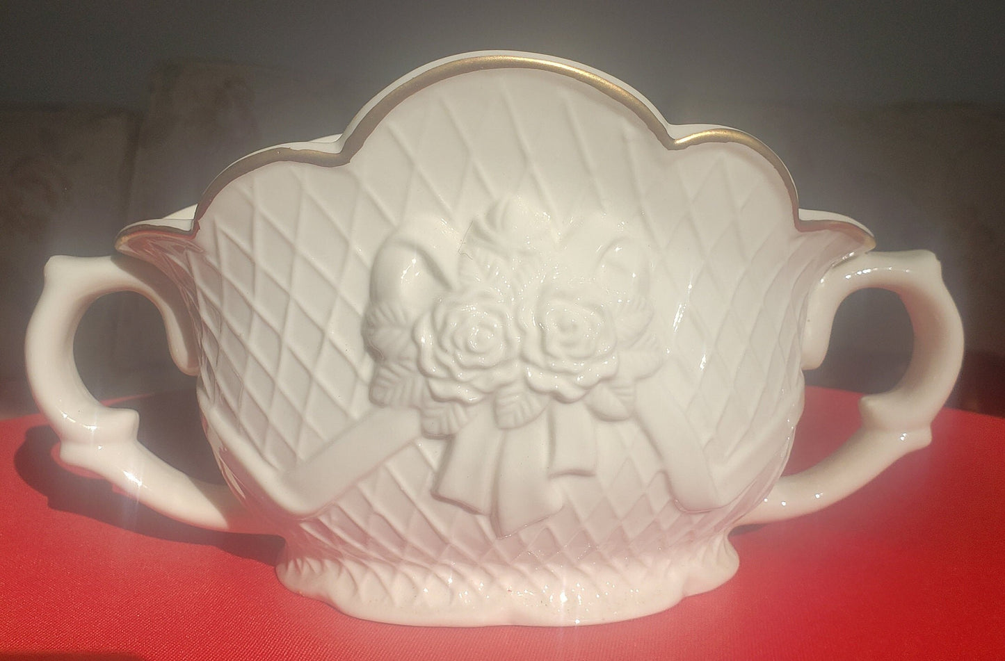 Vintage Ivory Centerpiece Display Bowl with Holly Berries and Leaves.