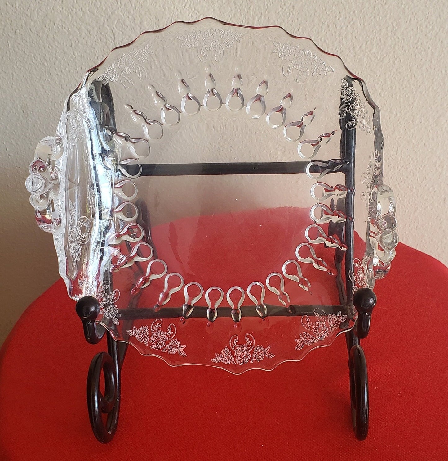 Vintage Etched Clear Glass Nut/Candy Dish with Handles