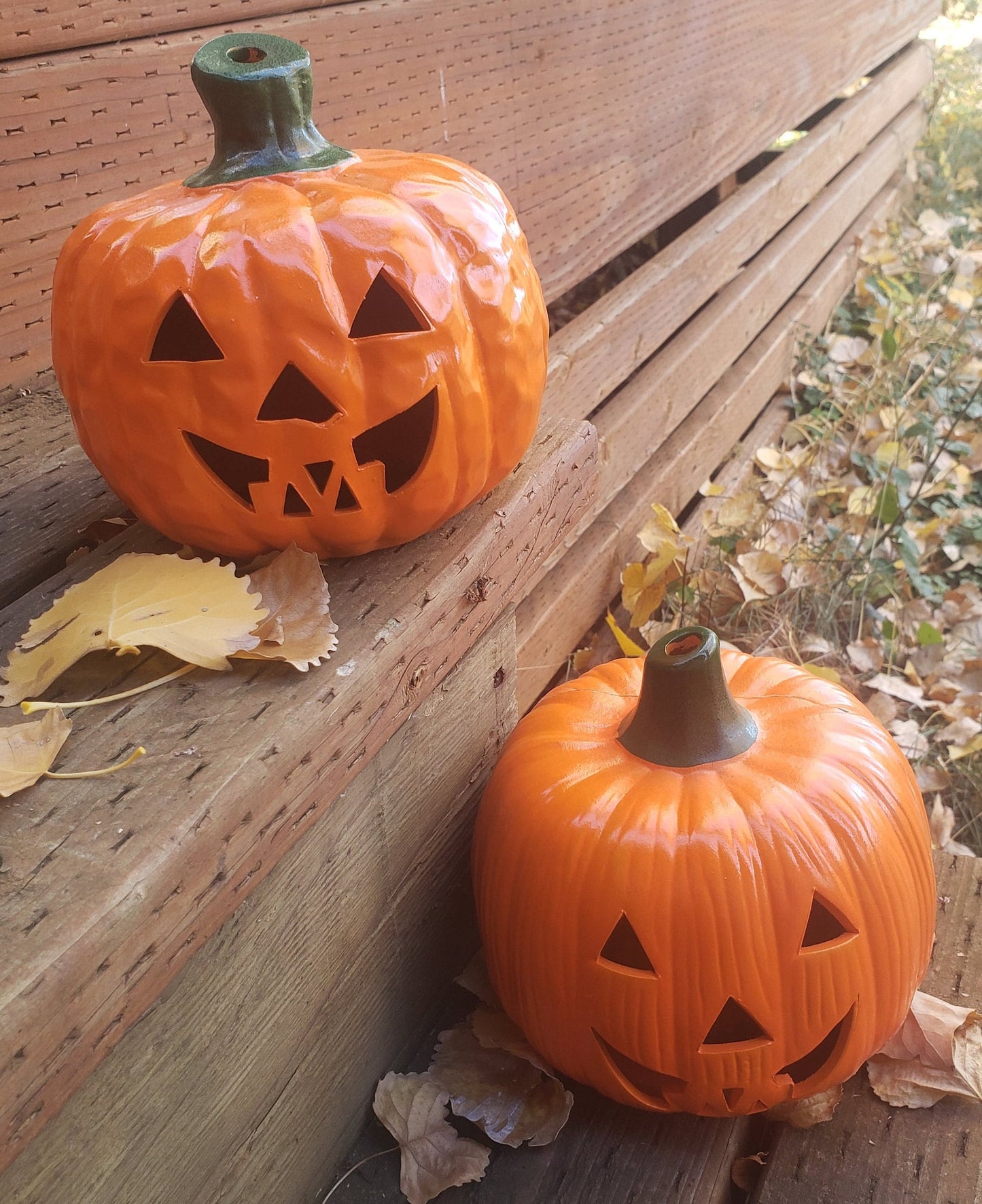 Set of 2 Vintage Ceramic Halloween Pumpkin/Jack O Lantern Luminaries