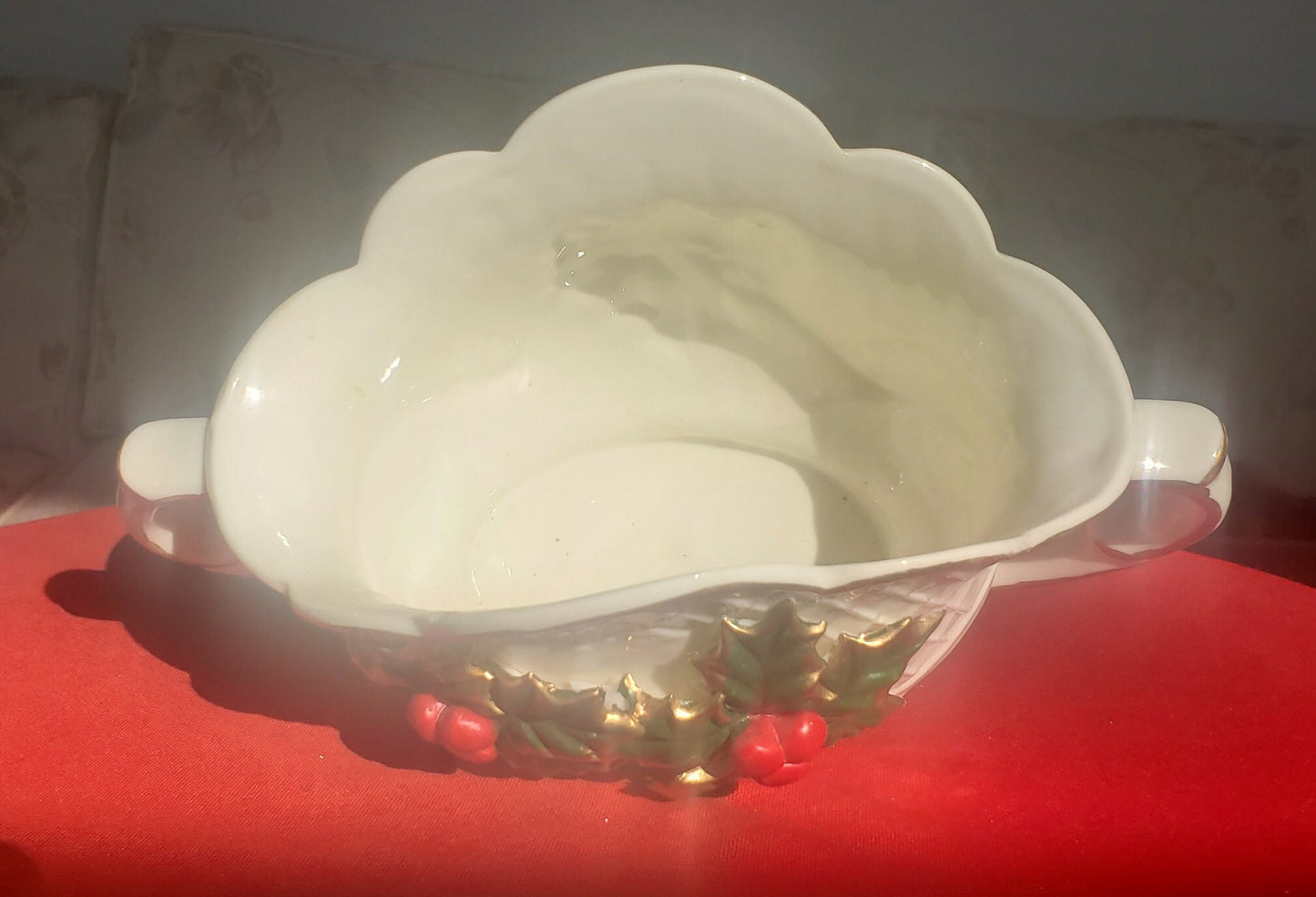 Vintage Ivory Centerpiece Display Bowl with Holly Berries and Leaves.