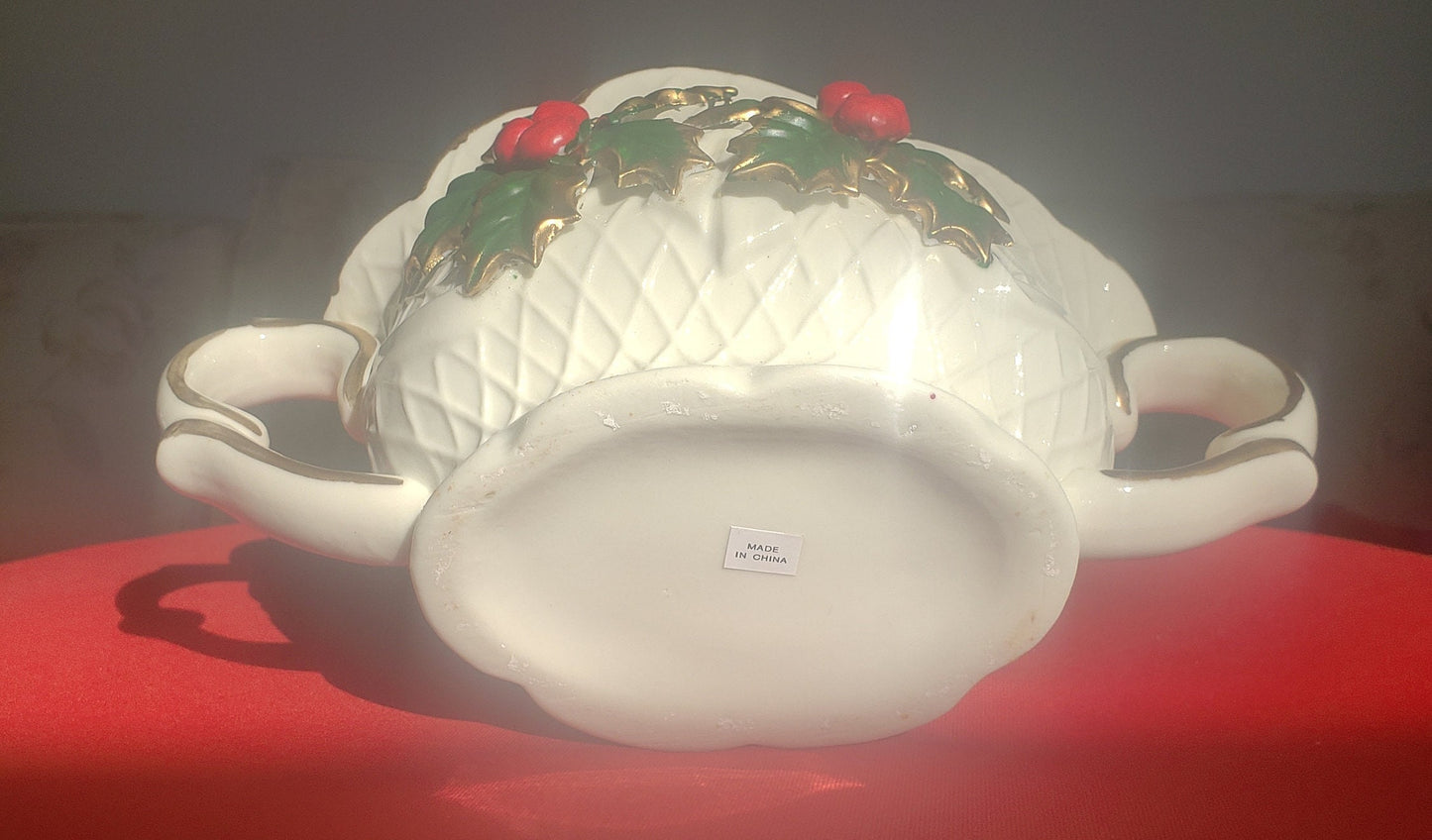 Vintage Ivory Centerpiece Display Bowl with Holly Berries and Leaves.