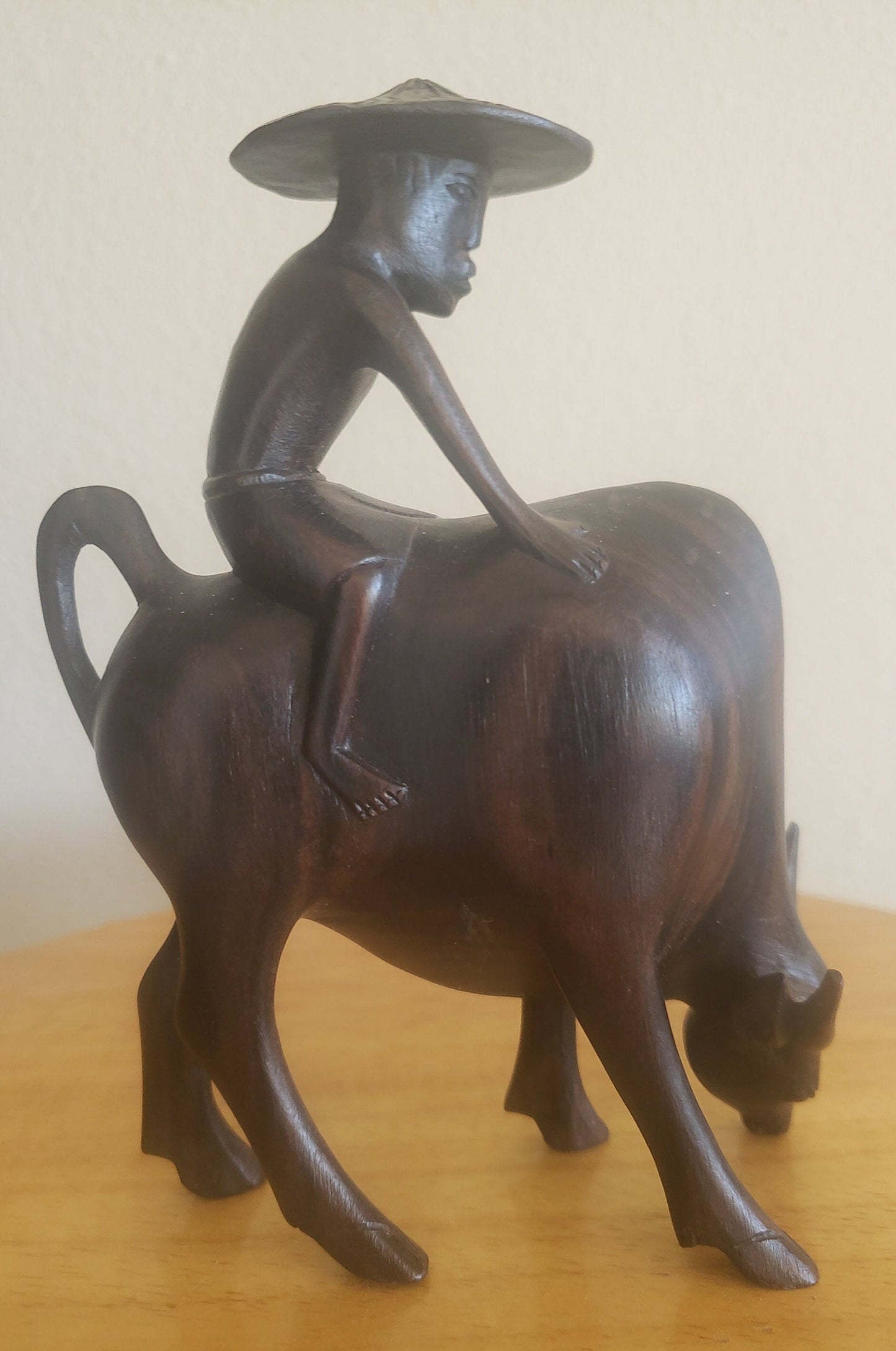Vintage Rosewood Asian Farmer Sitting on a Water Buffalo