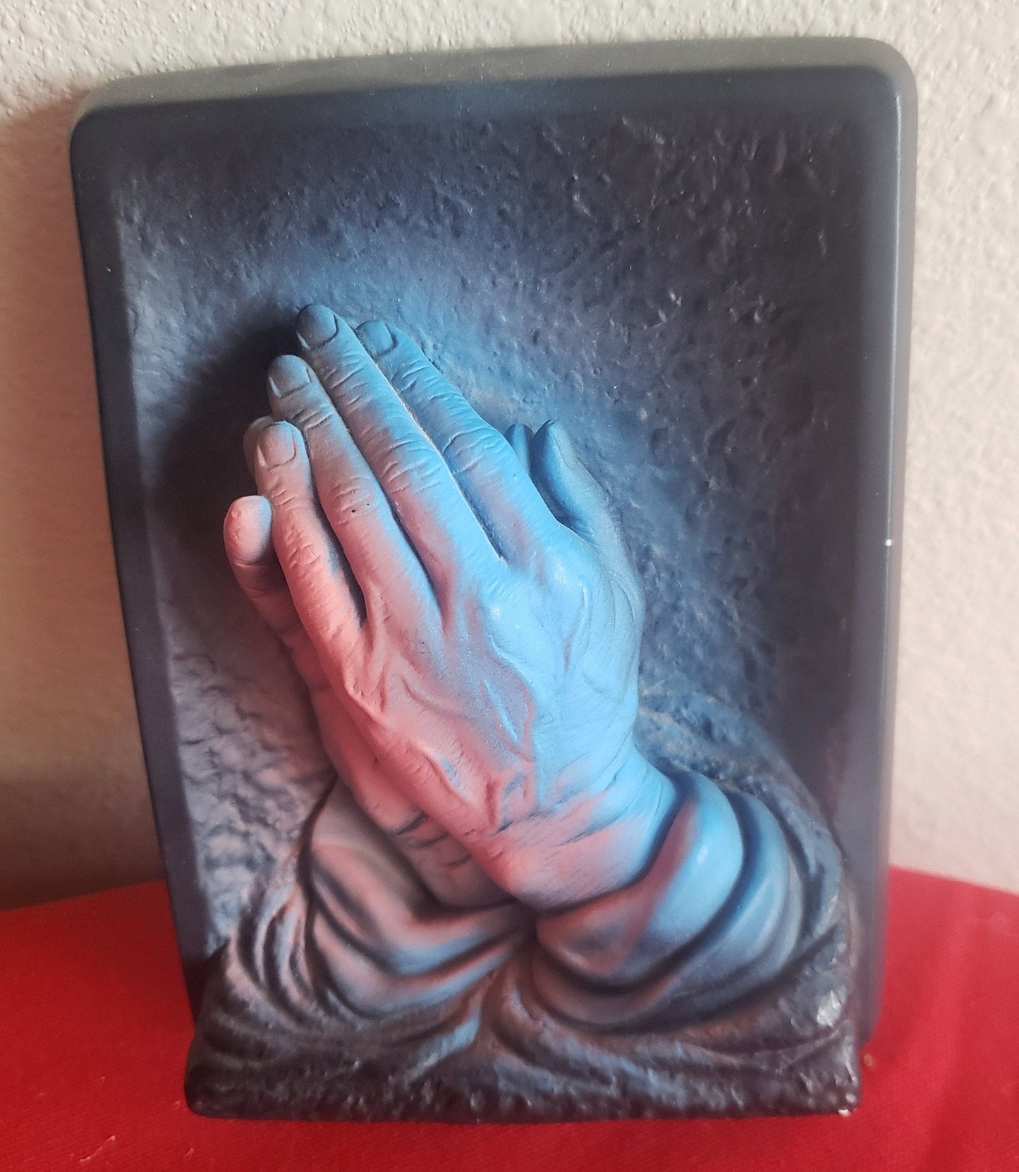 Vintage 1964 Creative Arts 3D Christian Wall Art Titled "Prayer" Plaque by Victor Praying Hands Blue Pink