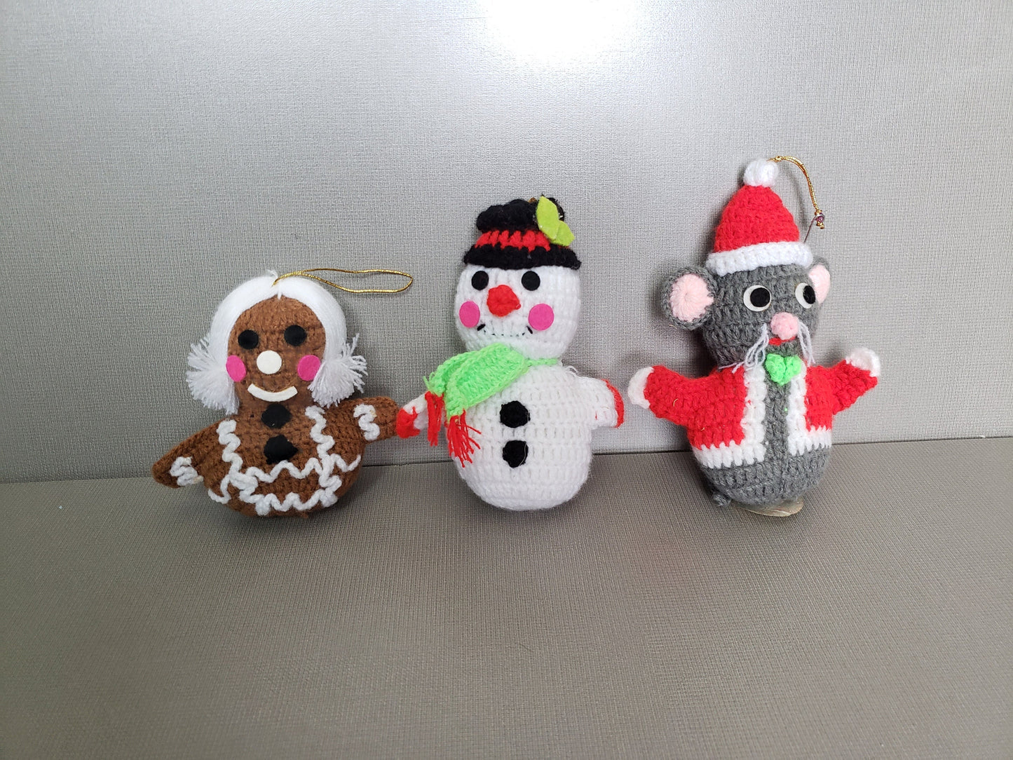 Vintage 1970's R. Dakin & Co. Christmas Ornaments, set of 3, Santa Mouse, Gingerbread Girl, and Snowman, Plush Christmas Ornaments