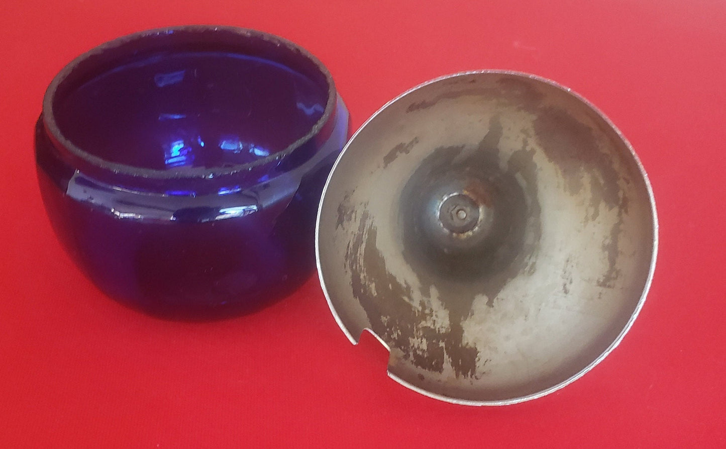 Vintage Cobalt Blue Pear Shaped Glass Jam/jelly/Sugar Jar With Chrome Lid