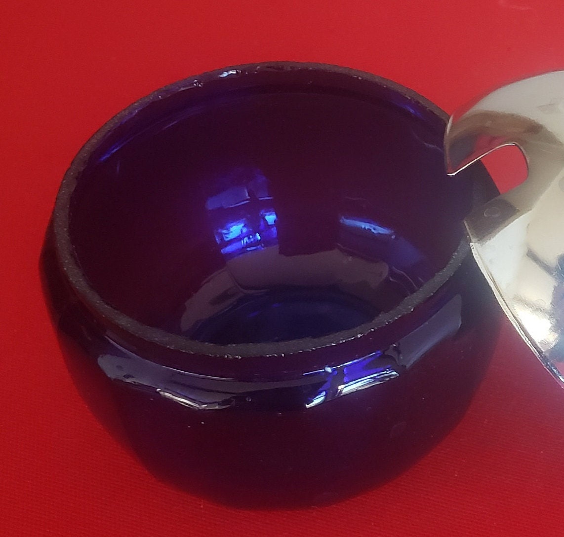 Vintage Cobalt Blue Pear Shaped Glass Jam/jelly/Sugar Jar With Chrome Lid
