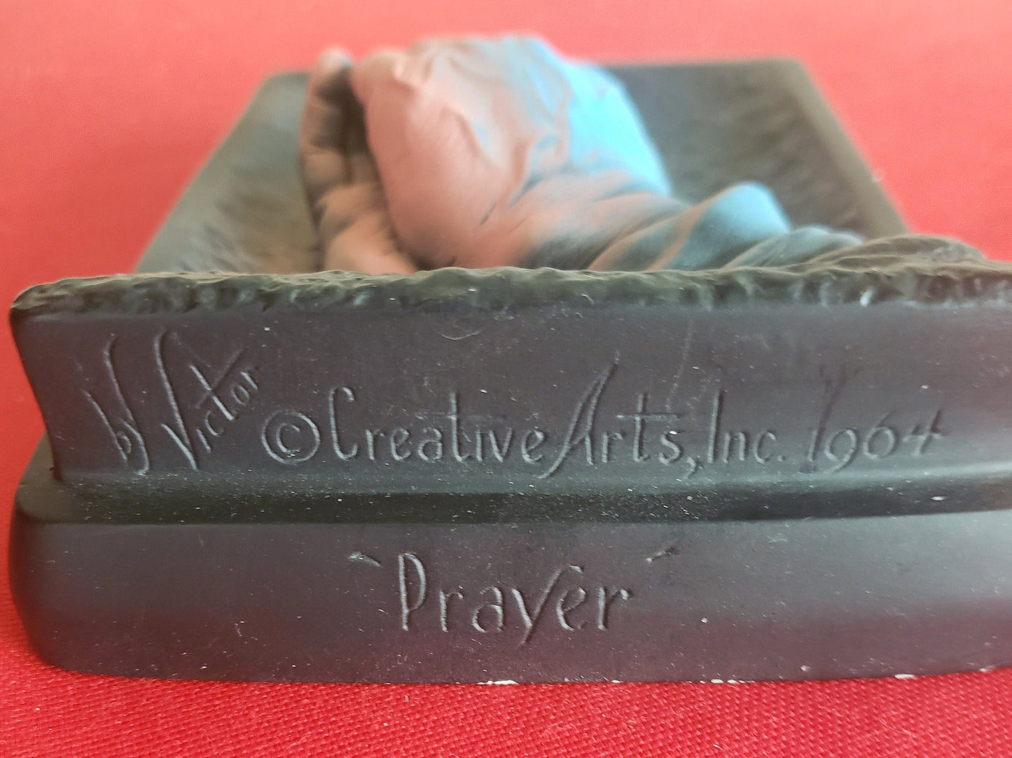 Vintage 1964 Creative Arts 3D Christian Wall Art Titled "Prayer" Plaque by Victor Praying Hands Blue Pink