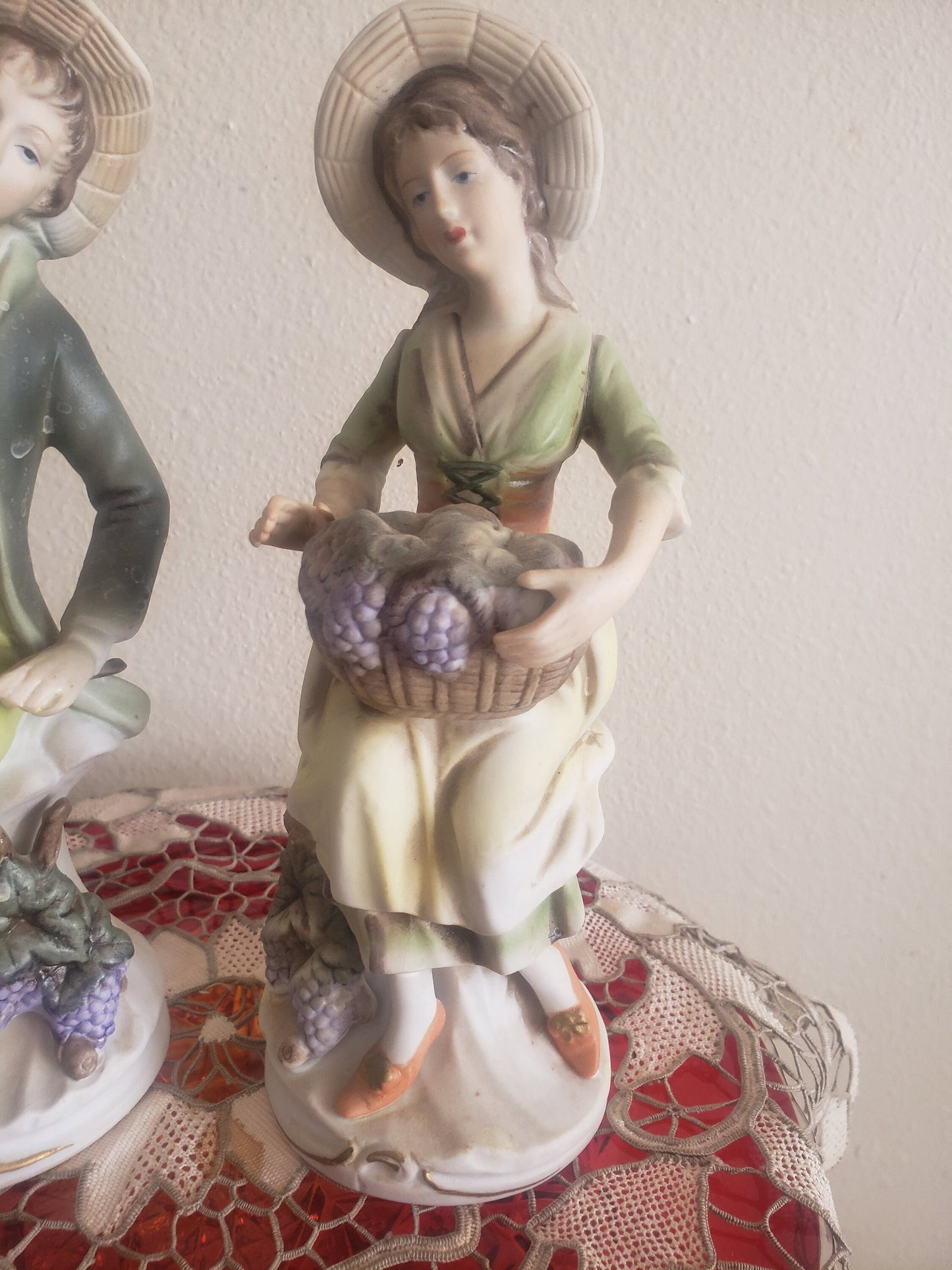 Vintage HOMCO Porcelain Figurines: Tuscany Man & Woman with Baskets of Grapes