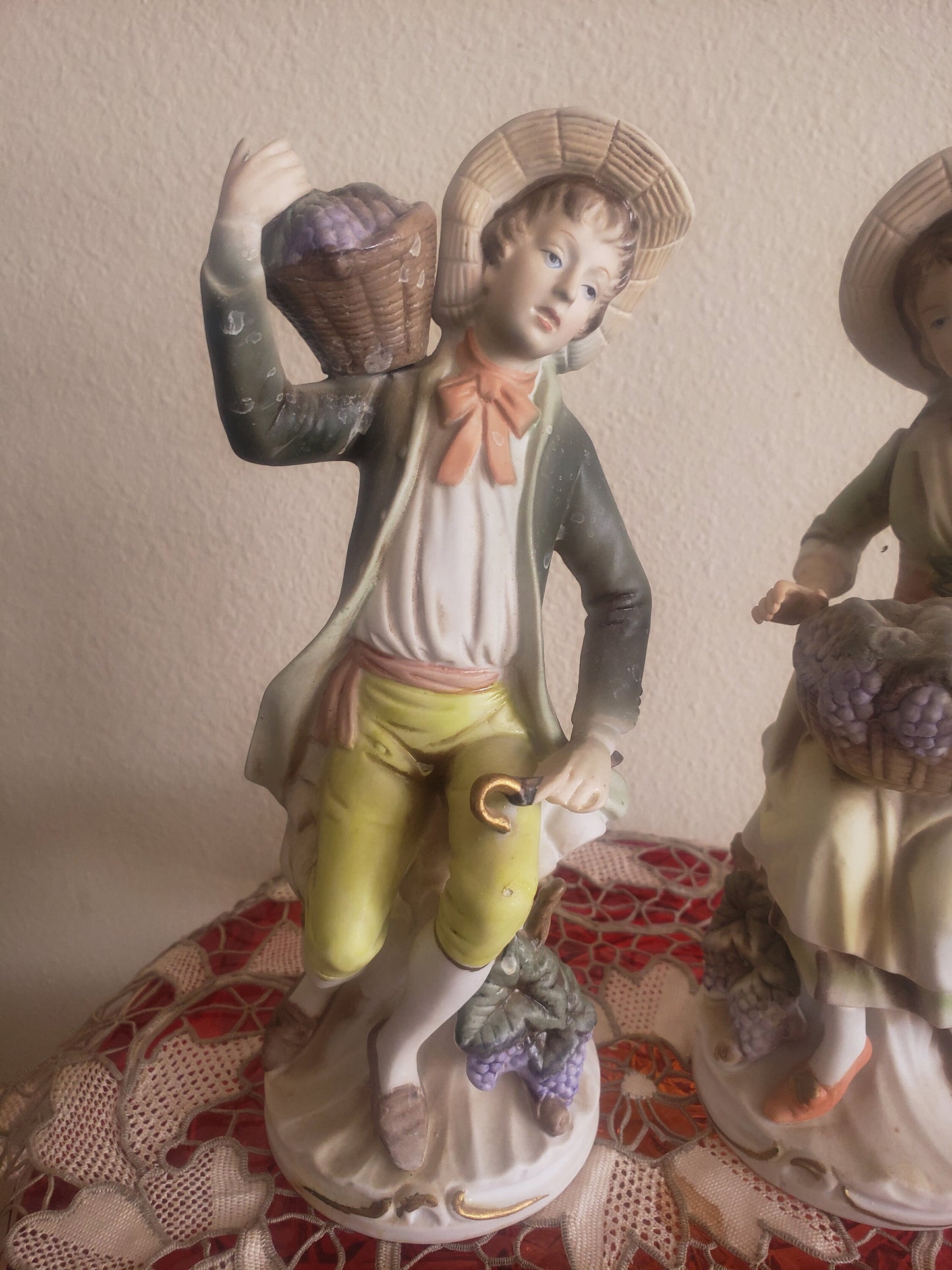 Vintage HOMCO Porcelain Figurines: Tuscany Man & Woman with Baskets of Grapes