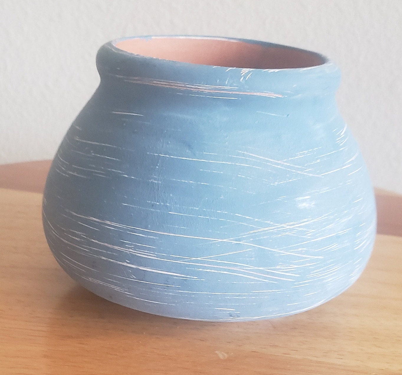 Vintage Blue and Terracotta Painted Pottery Jar w/Candle