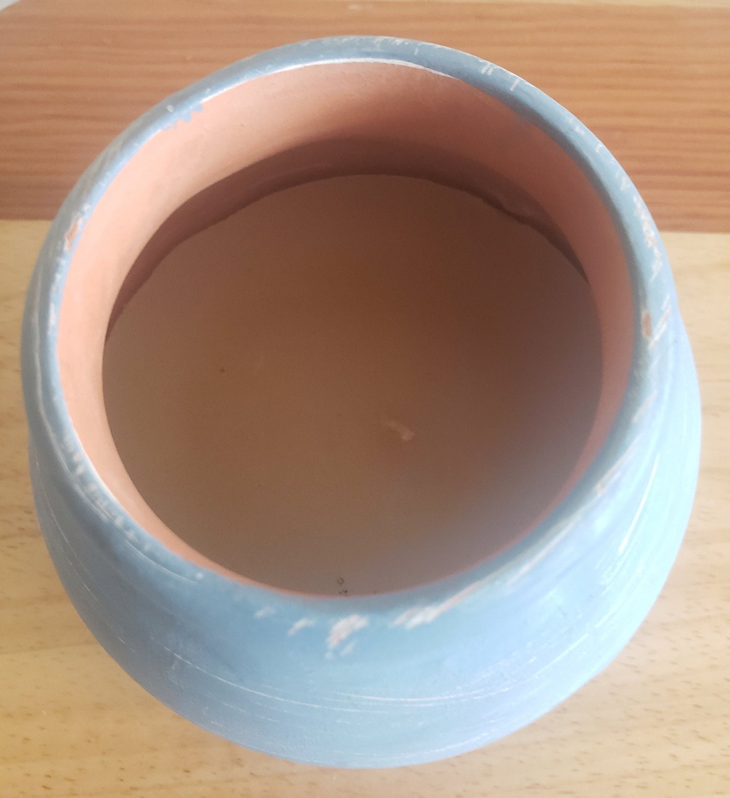 Vintage Blue and Terracotta Painted Pottery Jar w/Candle