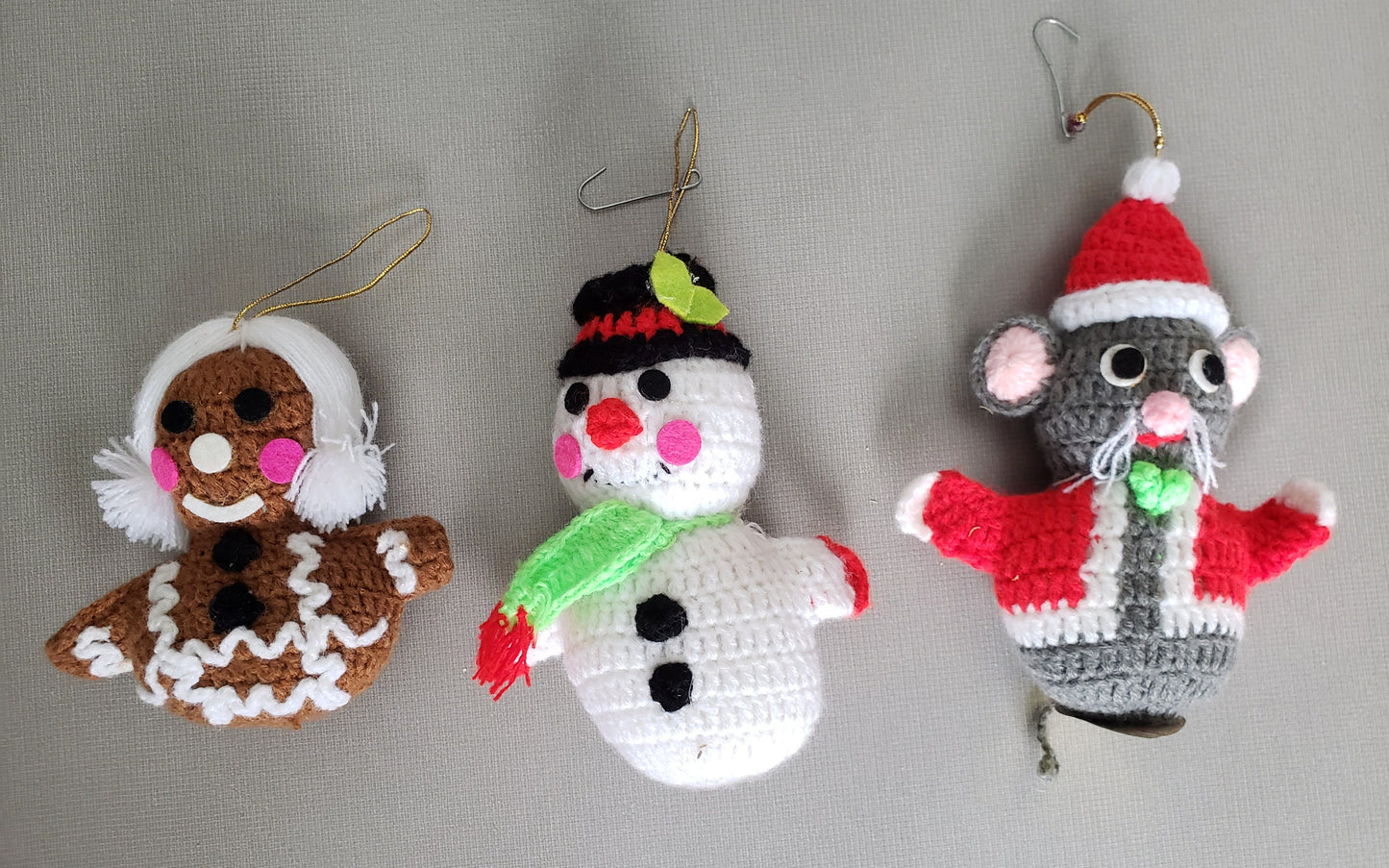 Vintage 1970's R. Dakin & Co. Christmas Ornaments, set of 3, Santa Mouse, Gingerbread Girl, and Snowman, Plush Christmas Ornaments