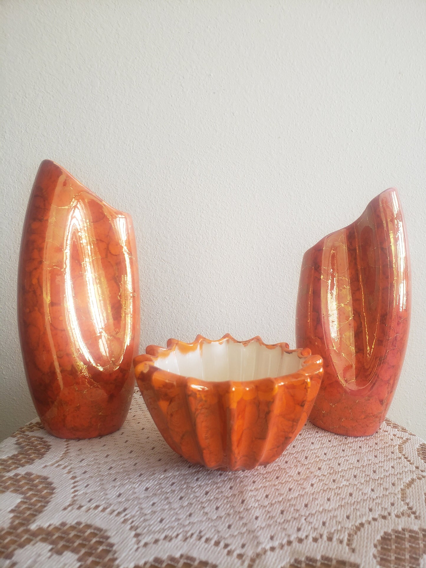 Retro Pair of Pinched Vases with Matching Bowl