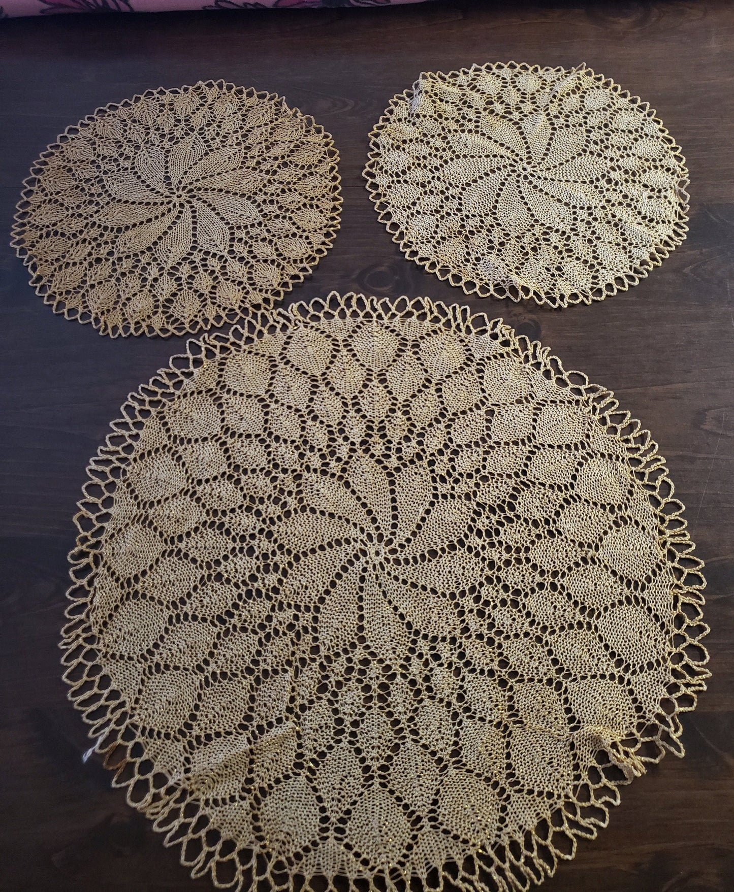 Set of 3 Vintage Beige and Gold Doilies