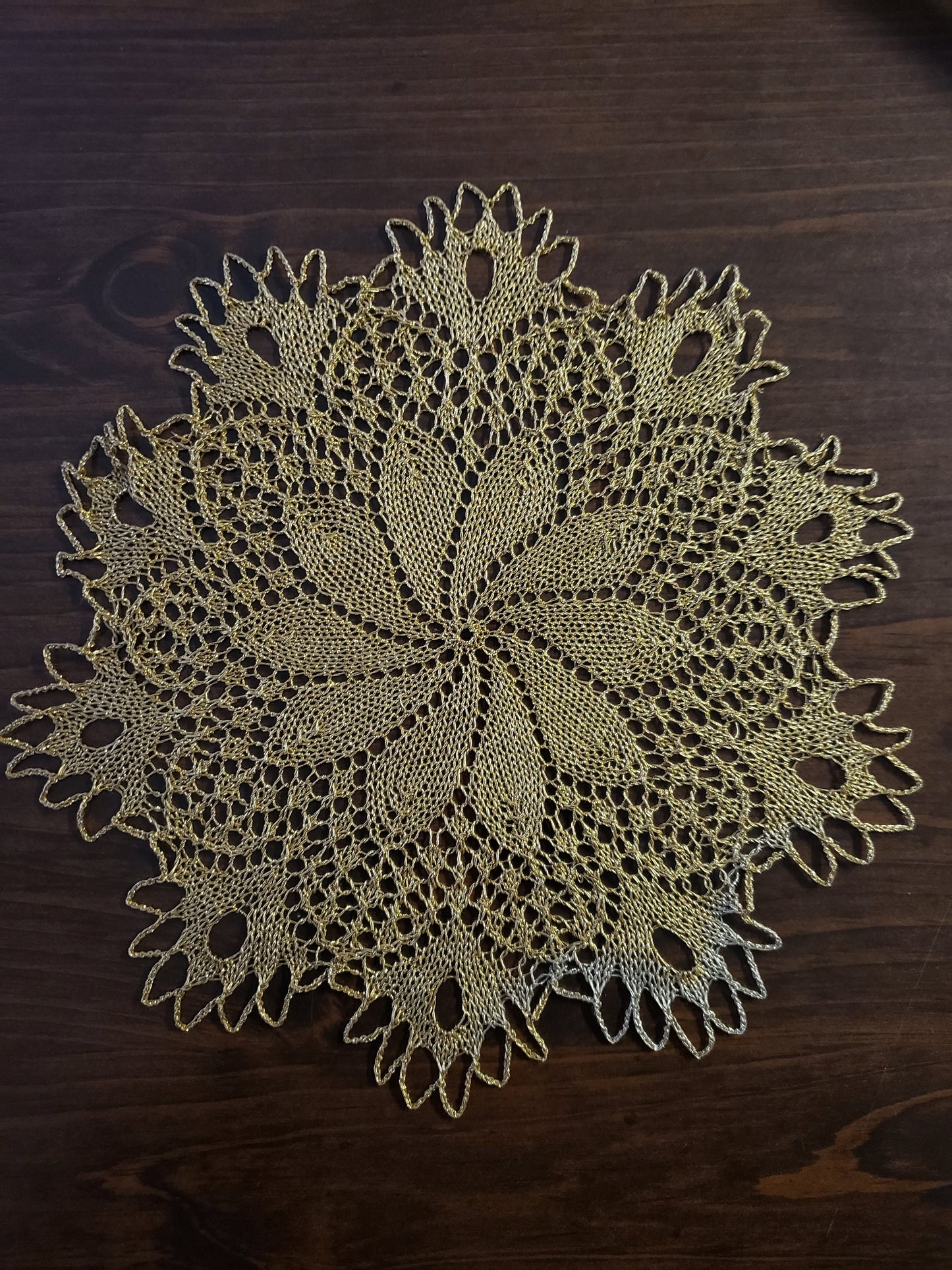 Vintage Hand Crocheted Beige Doily with Gold Metallic Thread