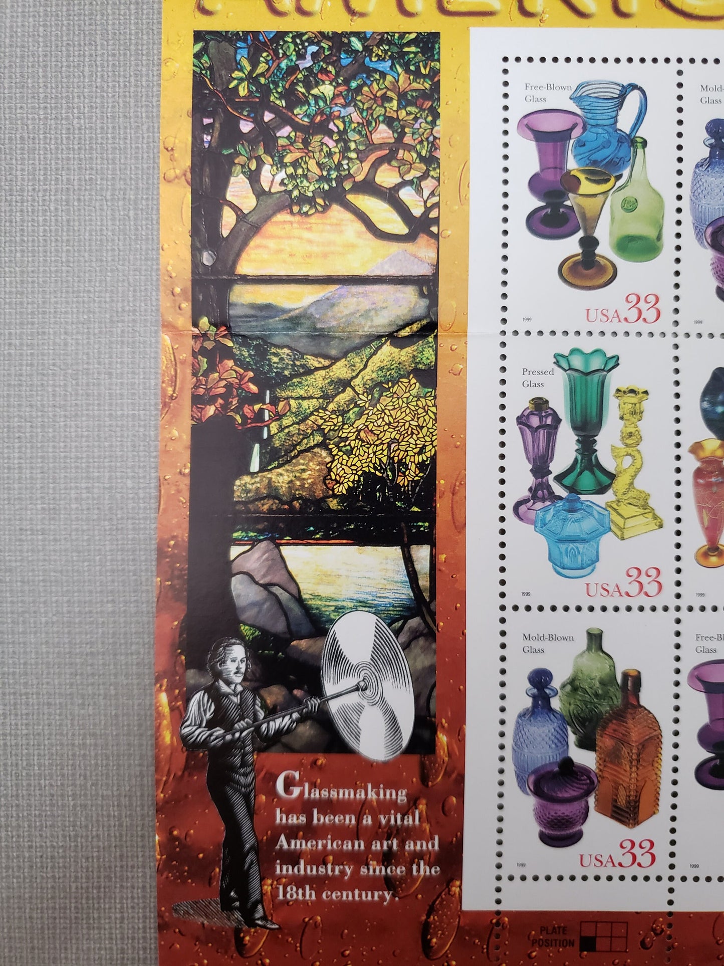 American Glass Full Sheet of 15 Unused US Postage Stamps 33c Glassmaking Free-Blown
