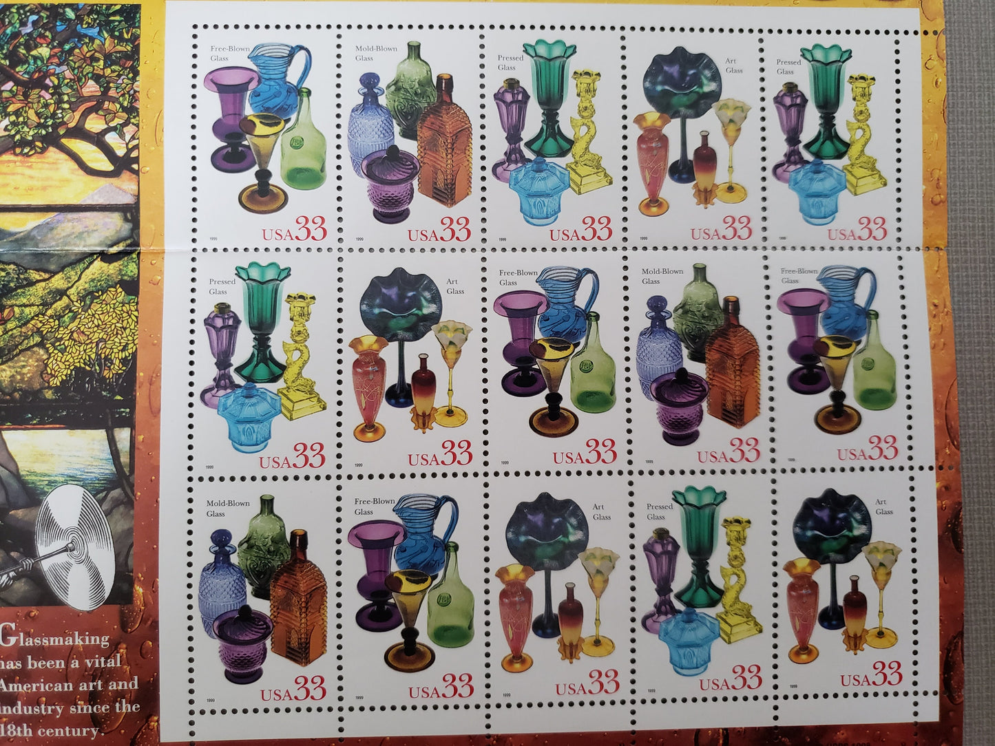 American Glass Full Sheet of 15 Unused US Postage Stamps 33c Glassmaking Free-Blown