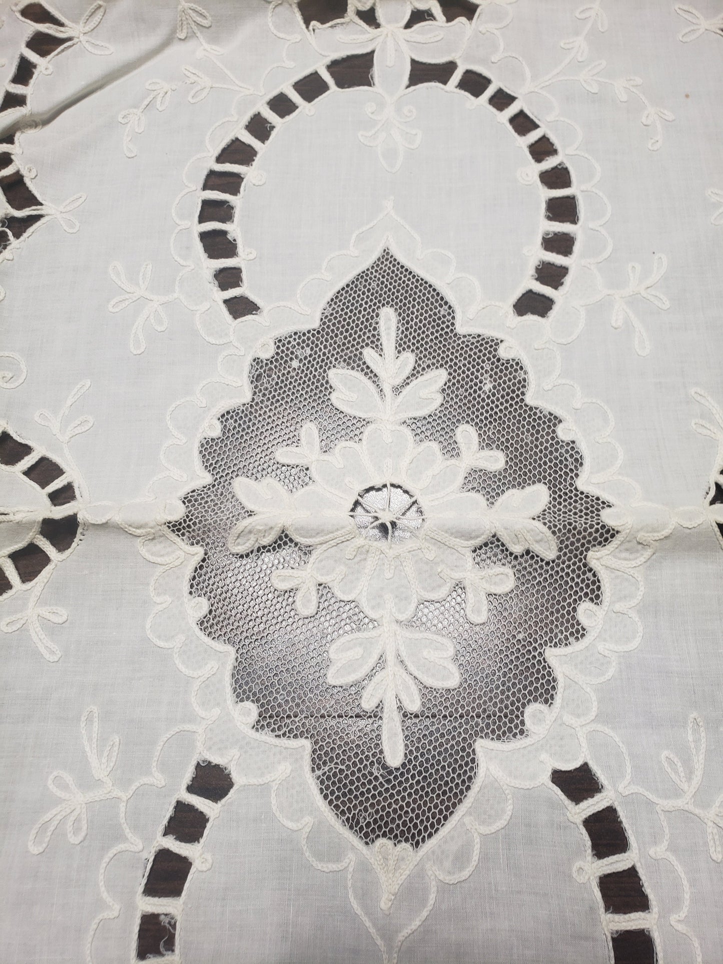 Vintage Embroidered Cut Work White Linen Table Runner or Dresser Scarf