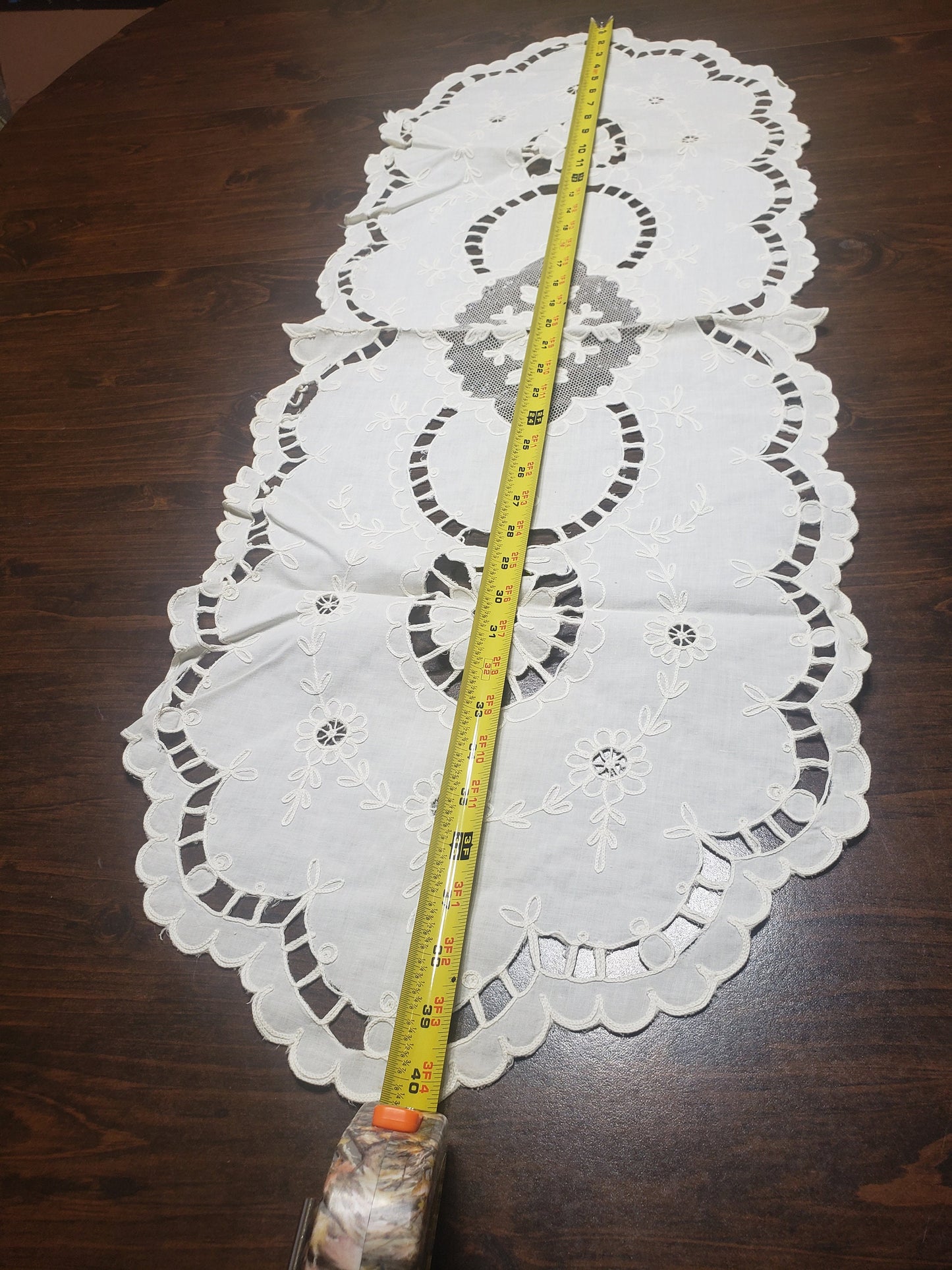 Vintage Embroidered Cut Work White Linen Table Runner or Dresser Scarf