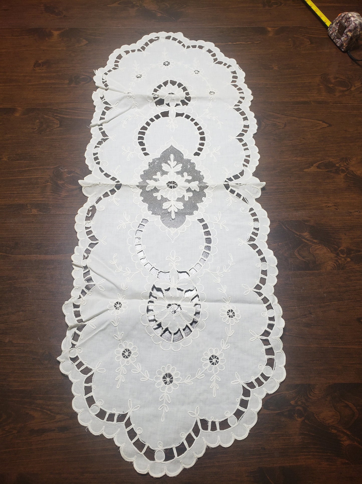 Vintage Embroidered Cut Work White Linen Table Runner or Dresser Scarf