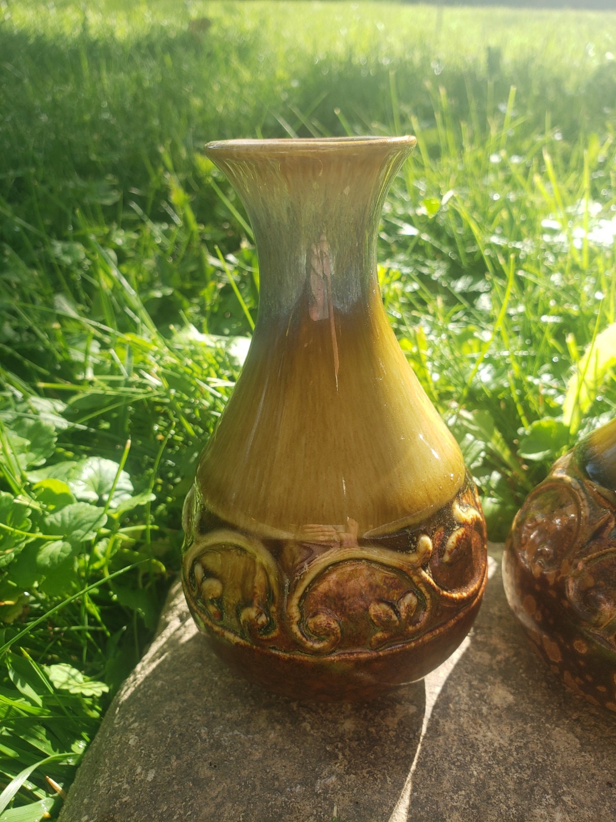 Vintage Hosley TM Potteries Brown Drip Glazed Vase Set of 2