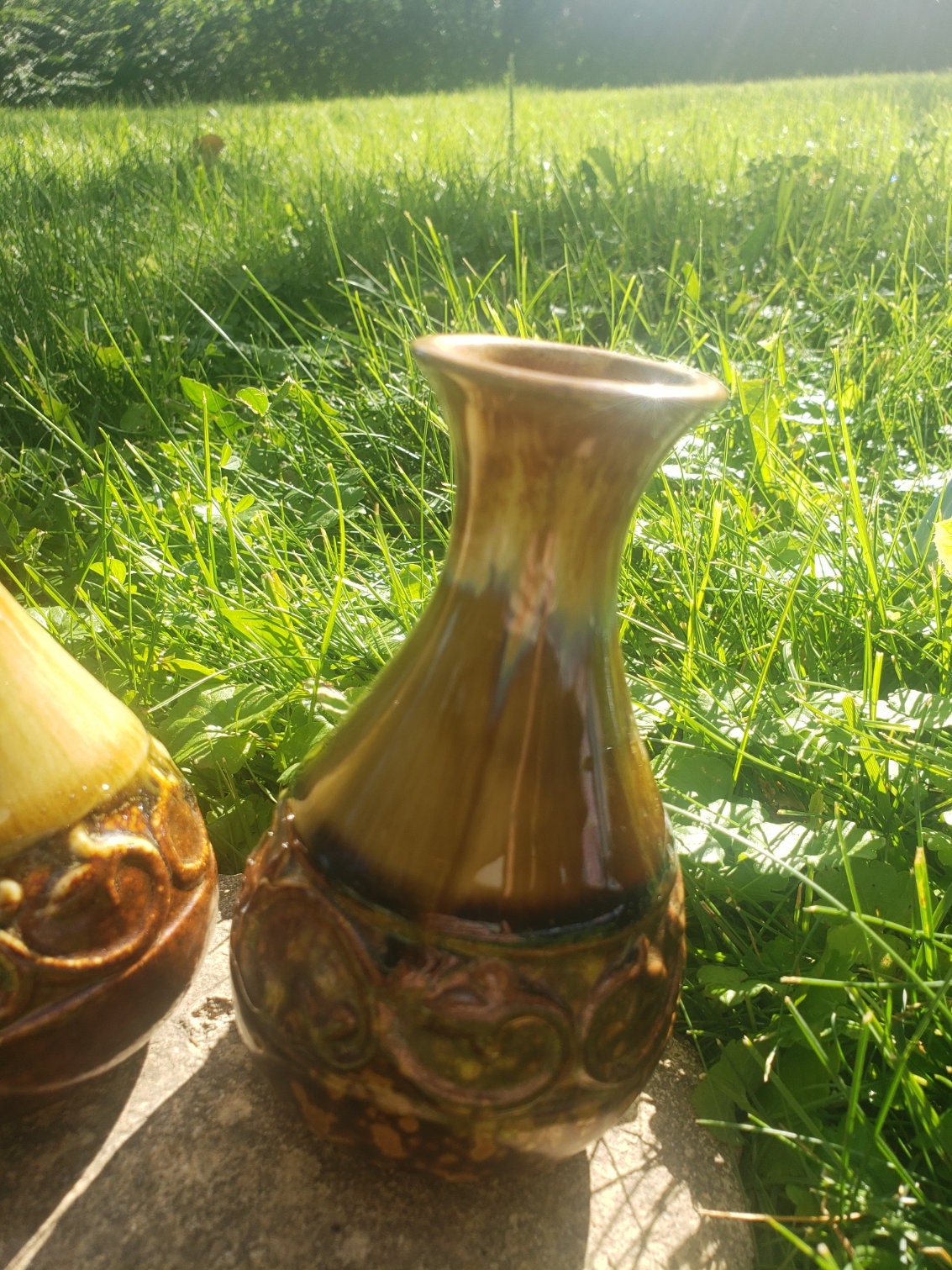 Vintage Hosley TM Potteries Brown Drip Glazed Vase Set of 2