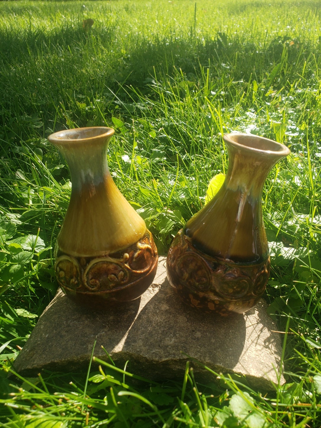 Vintage Hosley TM Potteries Brown Drip Glazed Vase Set of 2
