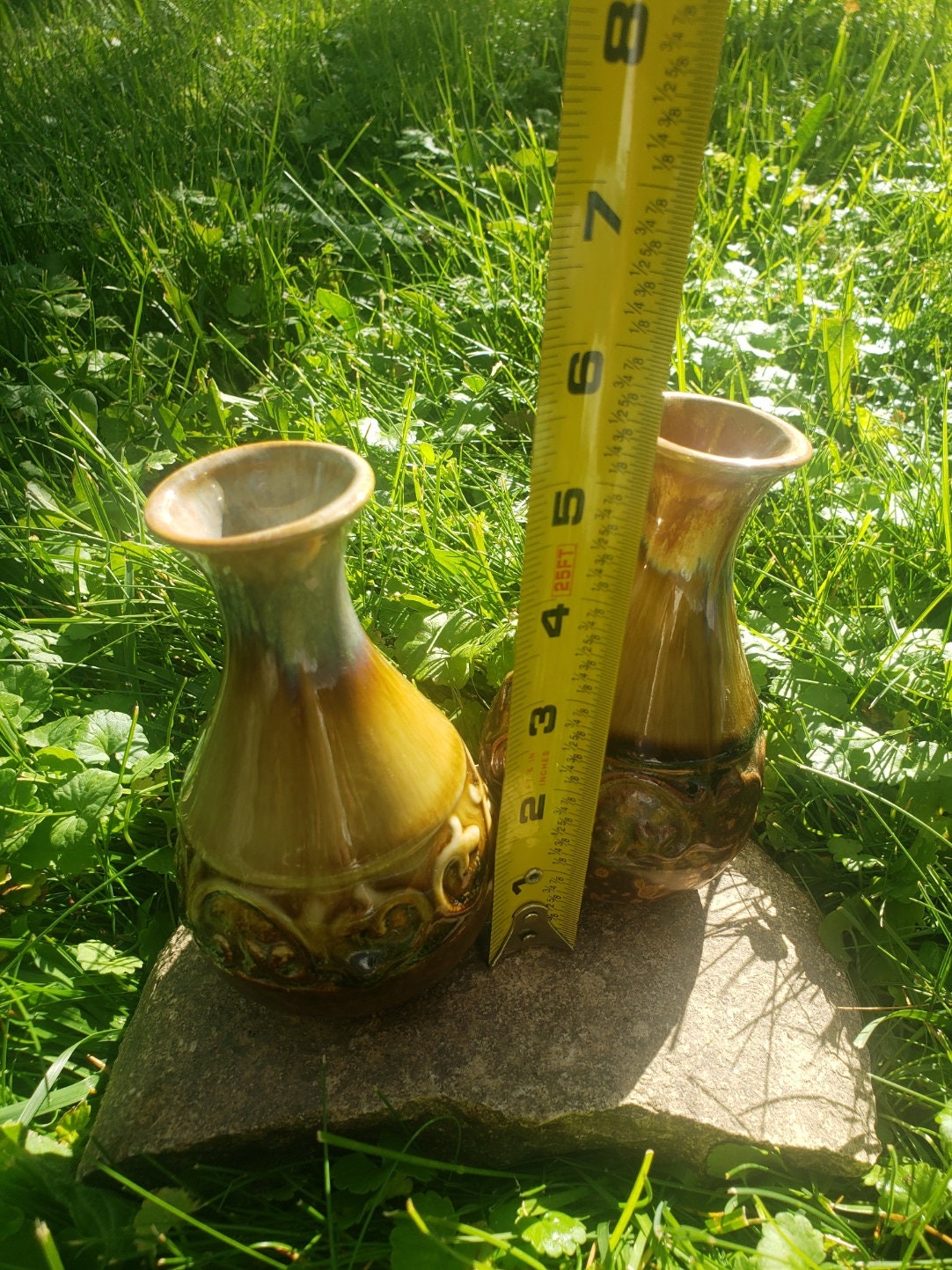Vintage Hosley TM Potteries Brown Drip Glazed Vase Set of 2