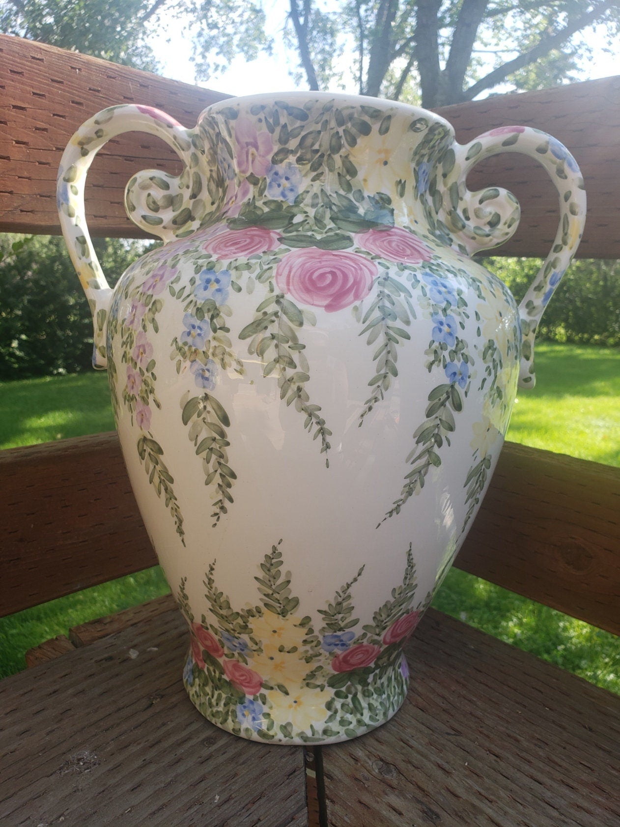Tabletops Unlimited 'English Garden' by Don Swanson Hand Painted Double Handle Vase