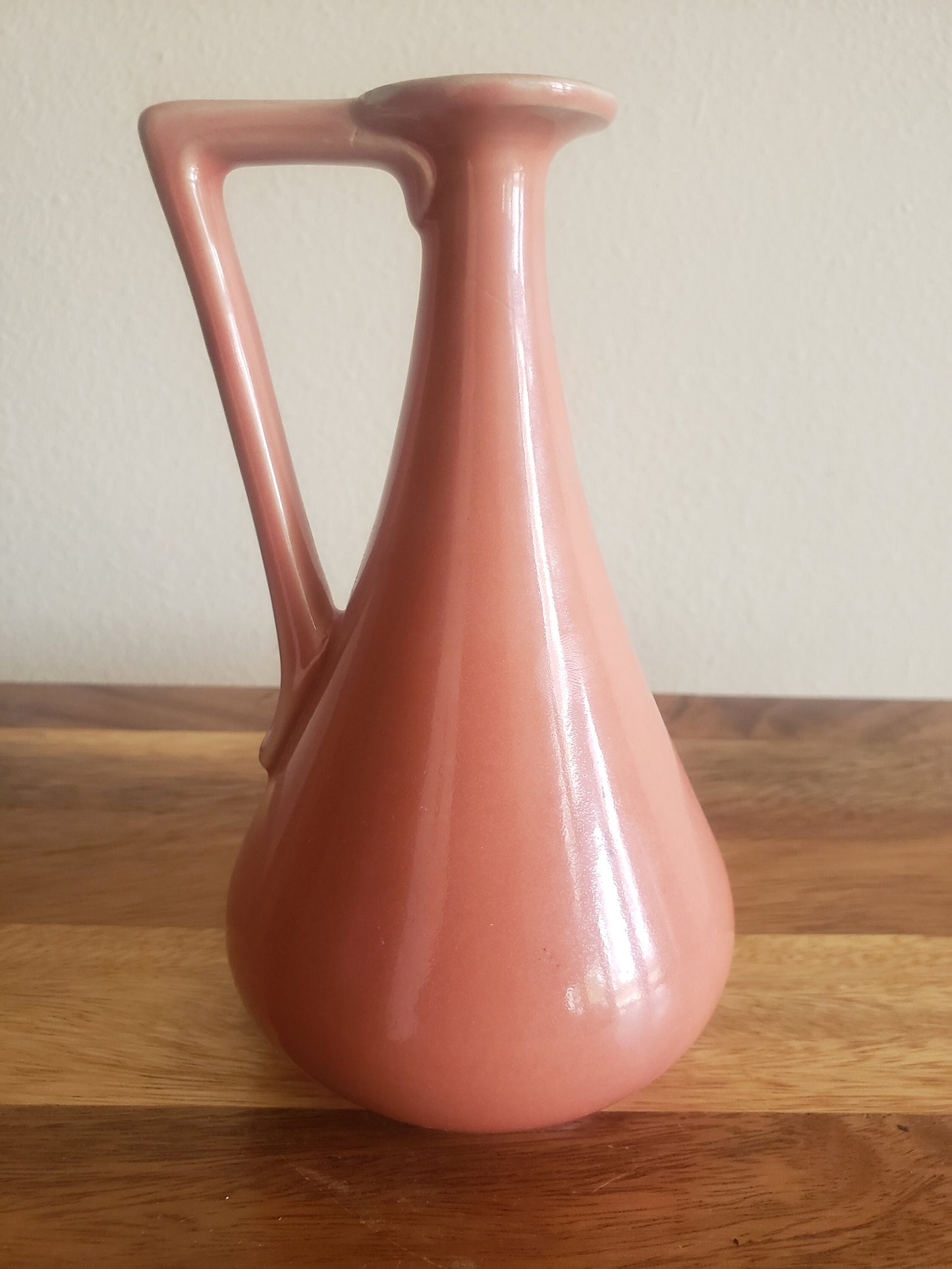 Distinctly Shaped Dusty Rose Handled Vase or Small Pitcher