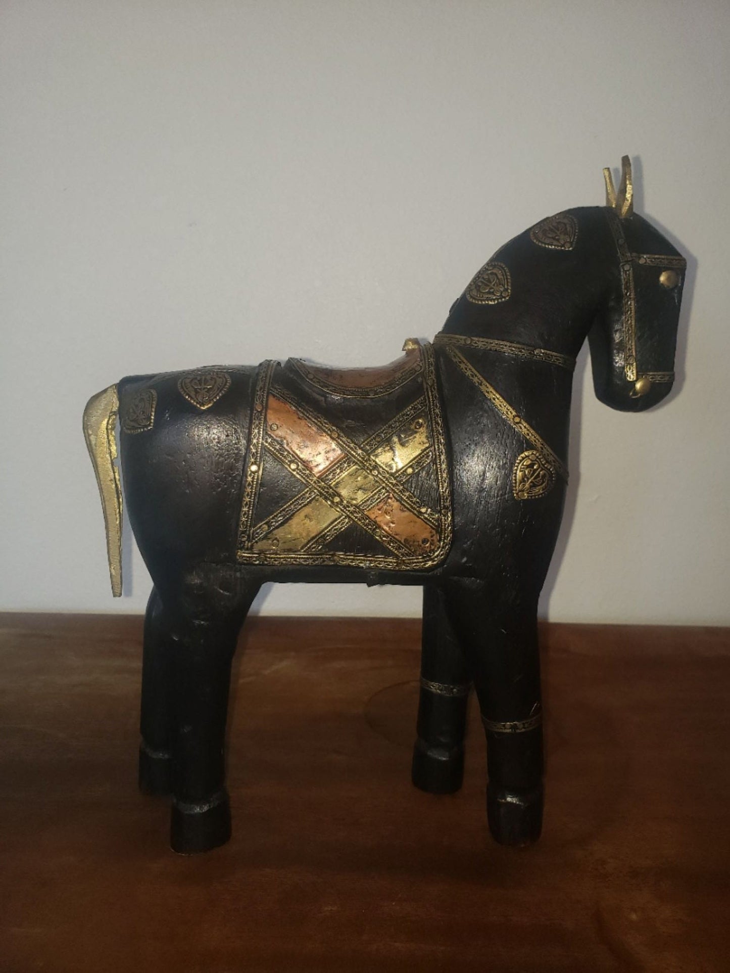 War Horse Sculpture with Copper and Brass Decorations