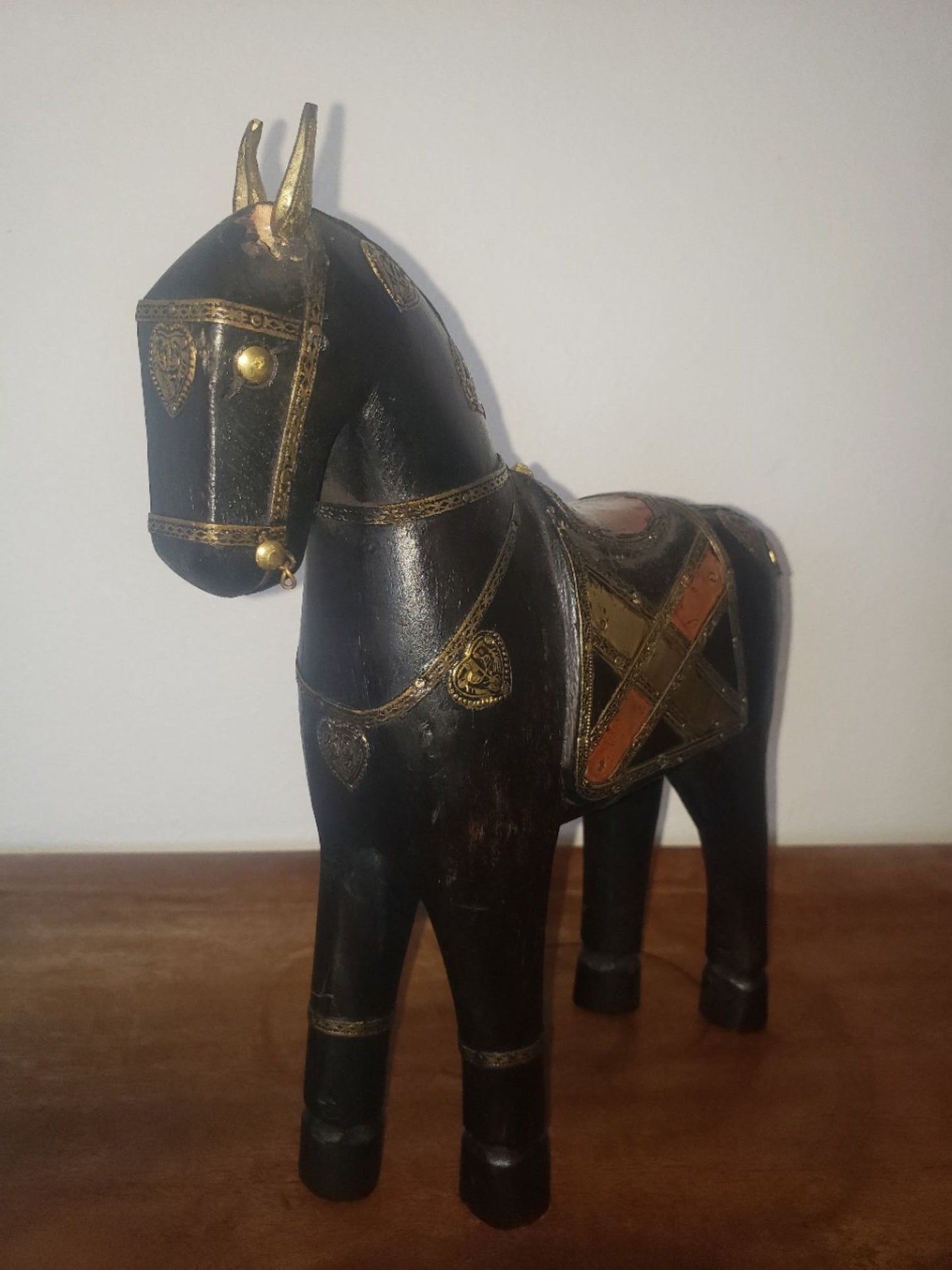 War Horse Sculpture with Copper and Brass Decorations