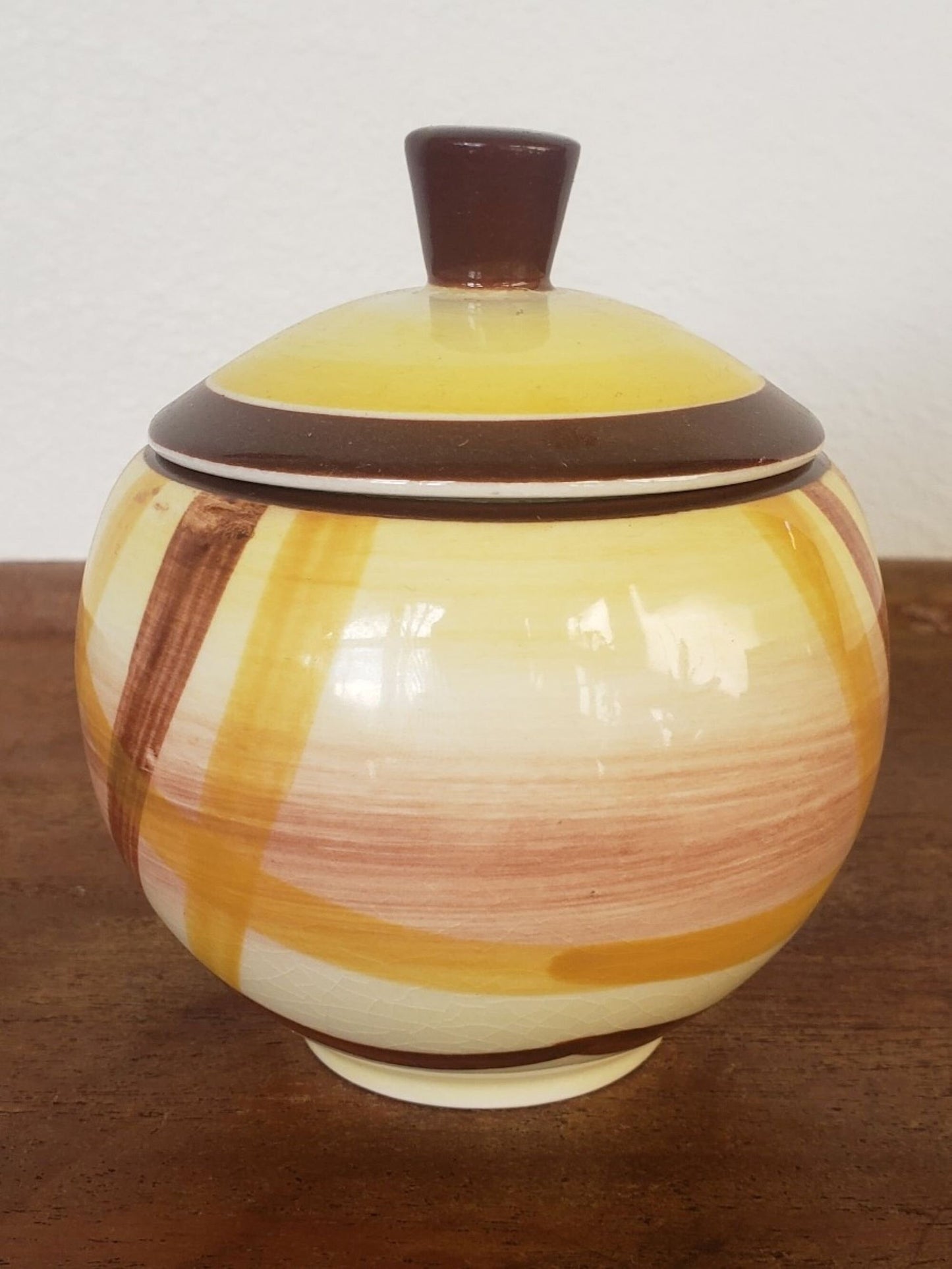 Vintage Cute Little Yellow and Brown Plaid Sugar Bowl with Lid