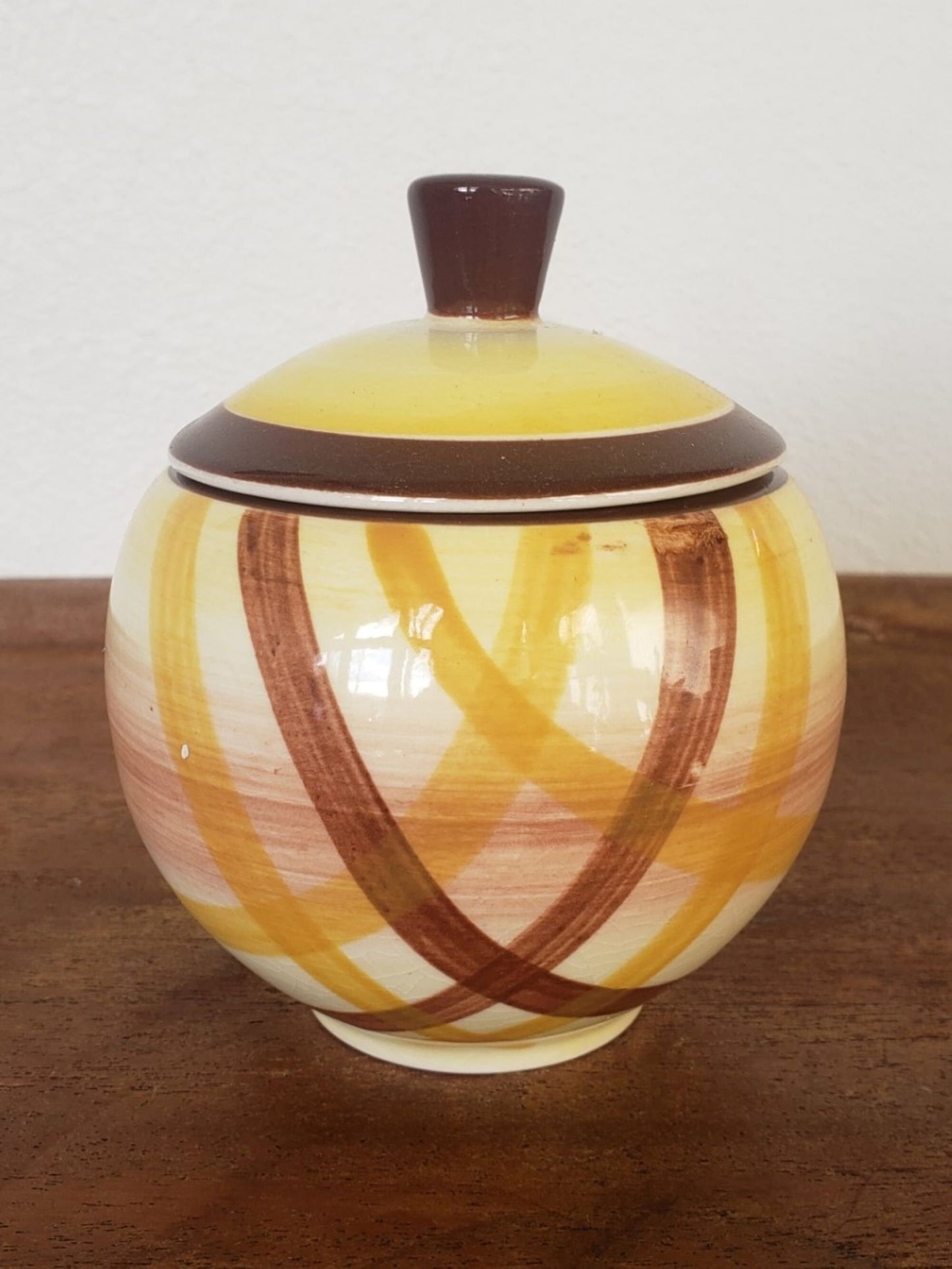 Vintage Cute Little Yellow and Brown Plaid Sugar Bowl with Lid