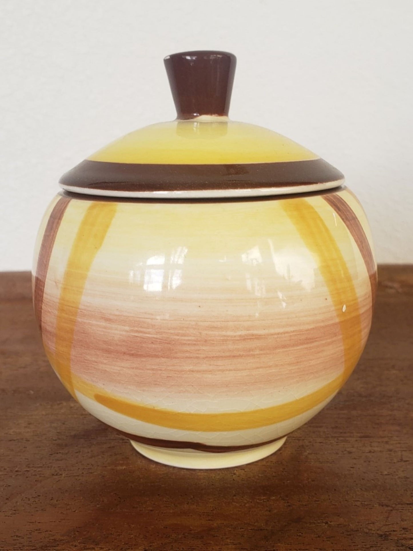 Vintage Cute Little Yellow and Brown Plaid Sugar Bowl with Lid