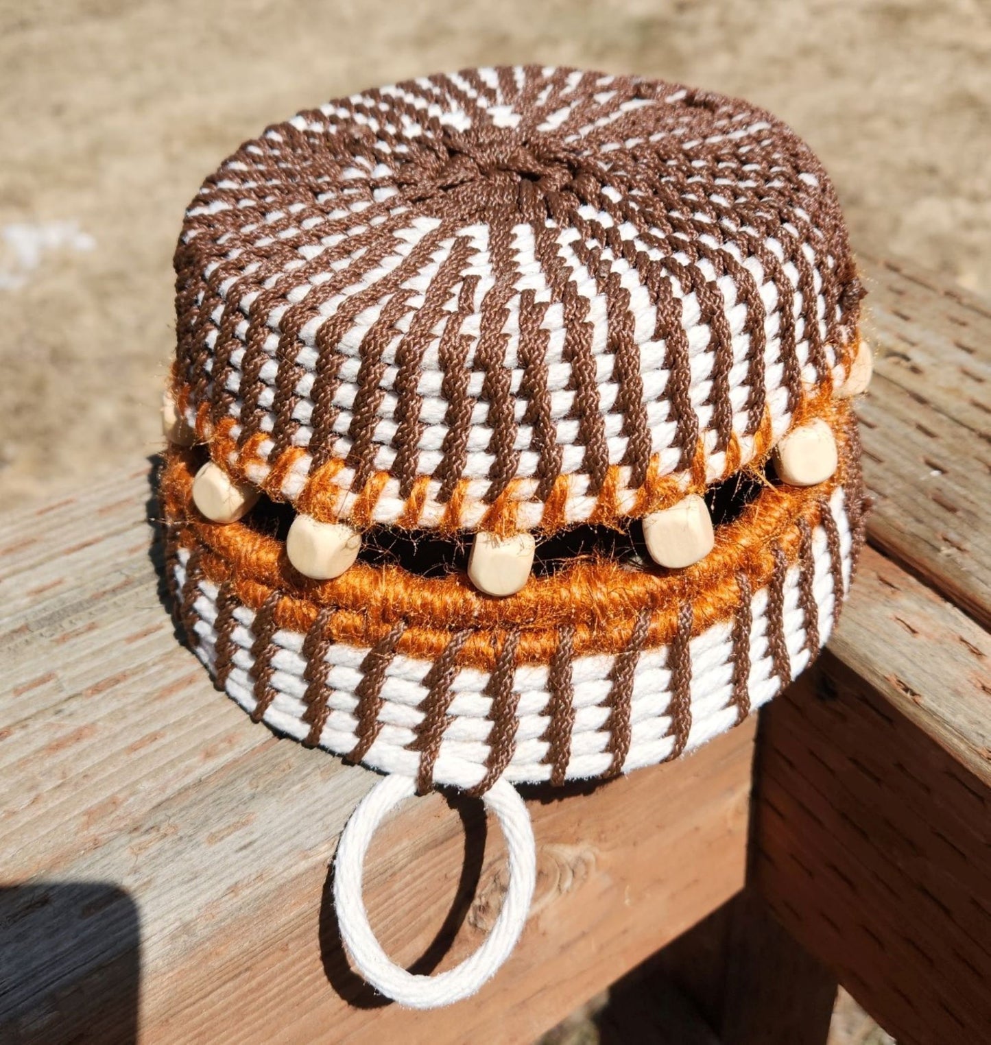 Handcrafted Coil Woven Basket with Wooden Beads