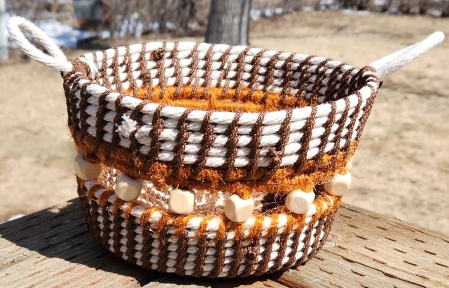 Handcrafted Coil Woven Basket with Wooden Beads