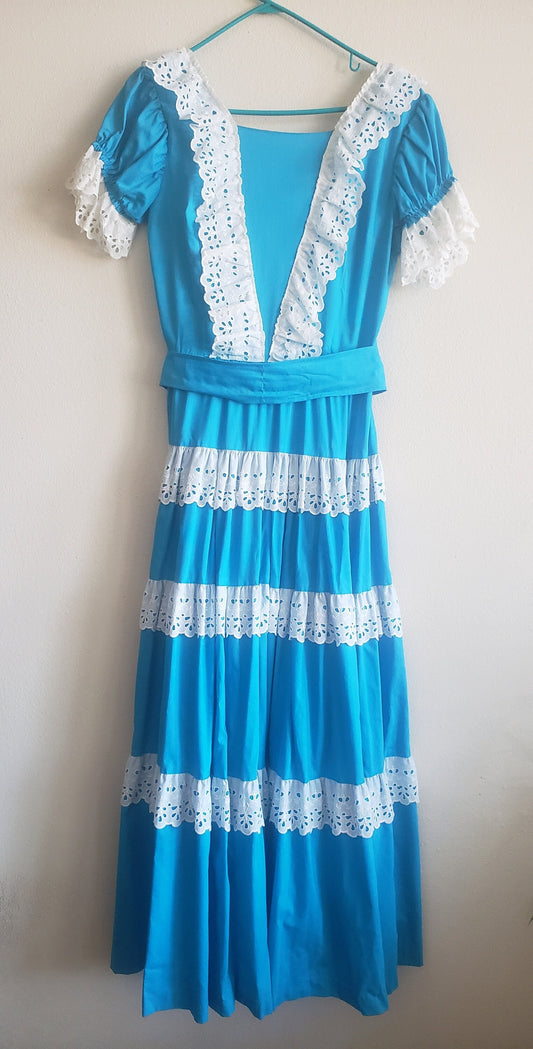 Vintage 70's Prairie Dress in Cyan and Eyelet Lace