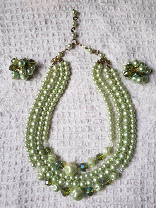Vintage Sea Foam Green Necklace and Matching Earrings