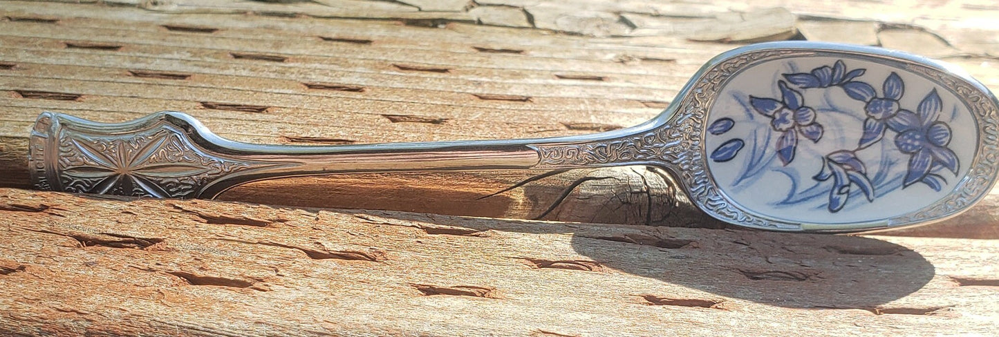 Vintage W Brite Ceramic and Silver Engraved Dessert Spoon