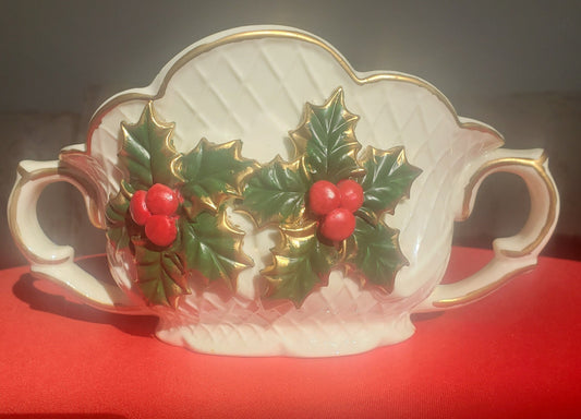 Vintage Ivory Centerpiece Display Bowl with Holly Berries and Leaves.