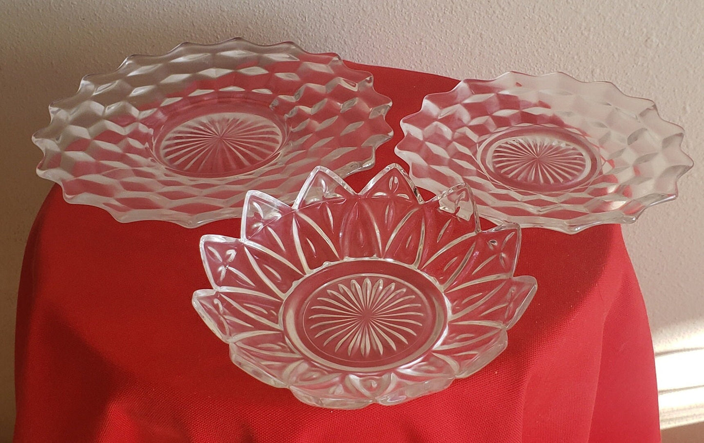 Vintage Fostoria American Serving Dishes Set and Vintage Federal Glass Petal Pattern Bowl