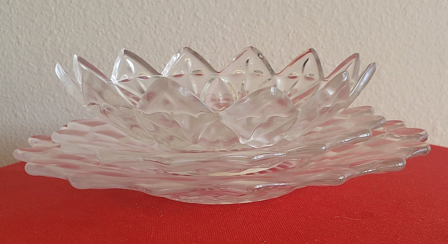 Vintage Fostoria American Serving Dishes Set and Vintage Federal Glass Petal Pattern Bowl