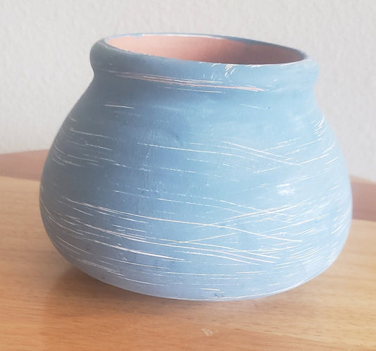 Vintage Blue and Terracotta Painted Pottery Jar w/Candle