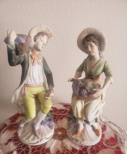 Vintage HOMCO Porcelain Figurines: Tuscany Man &amp; Woman with Baskets of Grapes