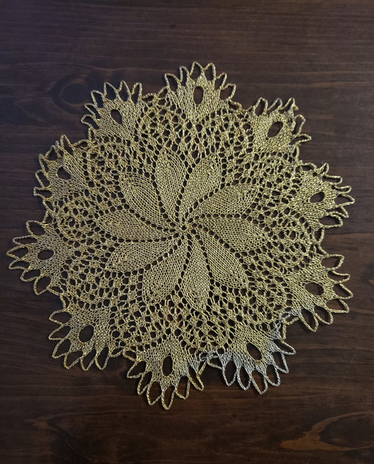 Vintage Hand Crocheted Beige Doily with Gold Metallic Thread