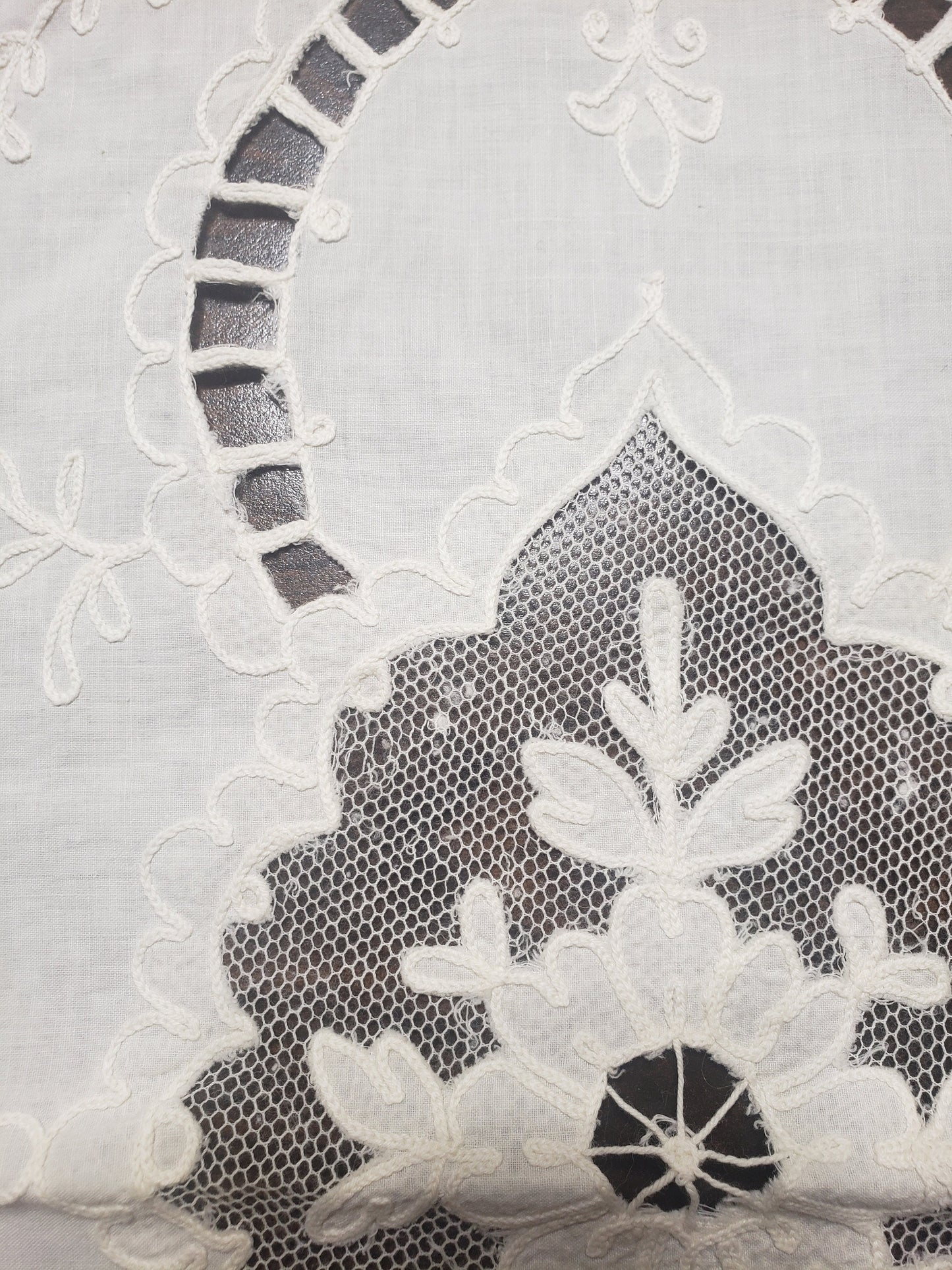 Vintage Embroidered Cut Work White Linen Table Runner or Dresser Scarf